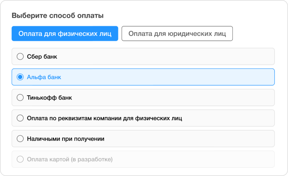 Пример выбора способа оплаты