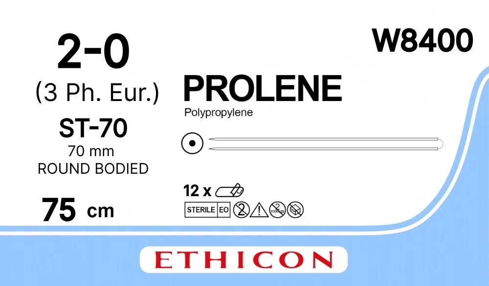 Prolene 2/0, нить 75 см, игла 70 мм х 2, кол. прямая (12 шт) - нерассасывающийся шовный материал, синий, W8400