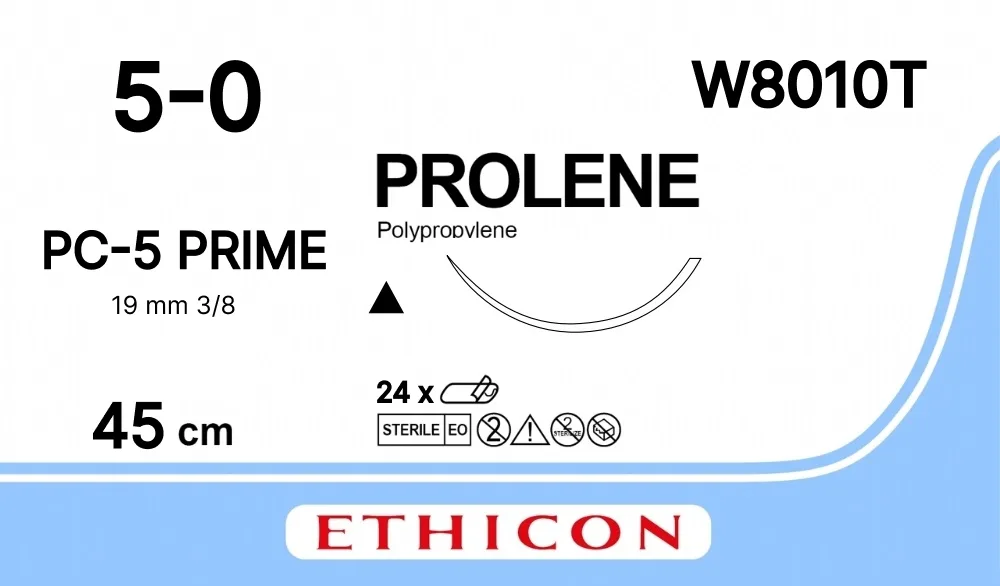 Prolene 5/0, нить 45 см, игла 19 мм, Прайм реж. 3/8 (24 шт) - нерассасывающийся шовный материал, синий, W8010T