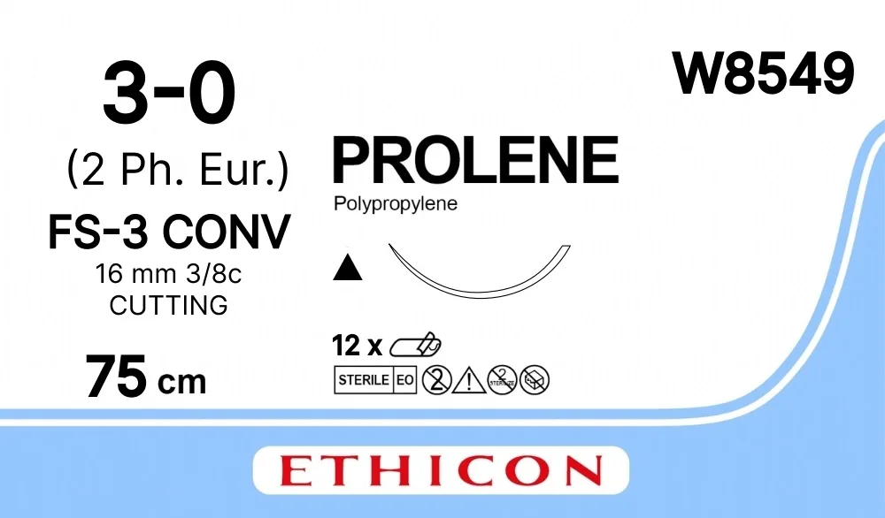 Prolene 3/0, нить 75 см, игла 16 мм, реж. 3/8 (12 шт) - нерассасывающийся шовный материал, синий, W8549