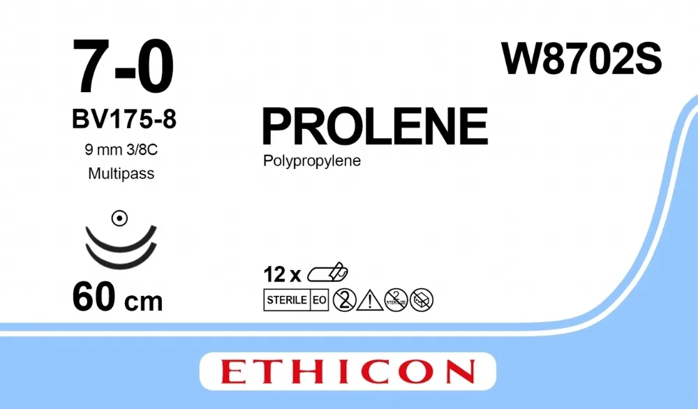 Prolene 7/0, нить 4 х 60 см, игла 9,3 мм х 2, кол. 3/8 (12 шт) - нерассасывающийся шовный материал, синий, прямая упаковка, W8702S