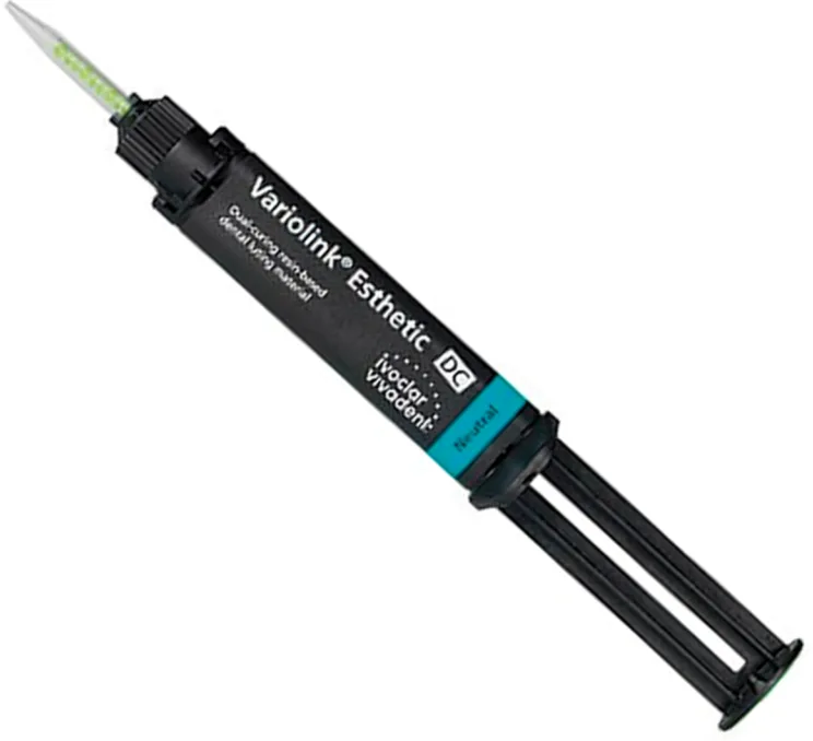 Variolink Esthetic DC (Вариолинк Эстетик DC), neutral (нейтральный) - (2x50 мл), шприц (1x9g) композитный цемент двойного отверждения для постоянной фиксации реставраций, рентгеноконтрастный. Вариолинк Эстетик DC, Ivoclar-Vivadent