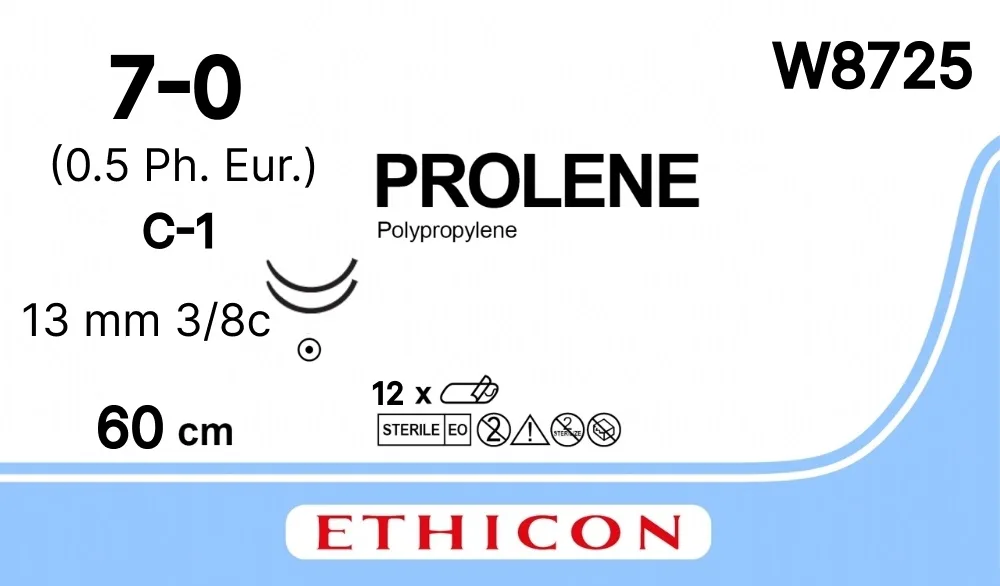 Prolene 7/0, нить 60 см, игла 13 мм х 2, кол. 3/8 (12 шт) - нерассасывающийся шовный материал, синий, W8725