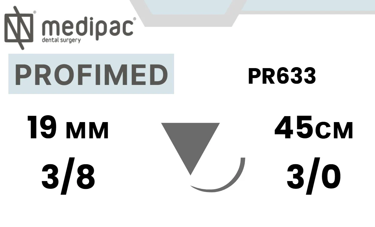 Профимед (Profimed) PTFE 3/0, 45 см, игла обратно-режущая 19 мм 3/8, PR633 (24 шт.), Medipac - шовный материал