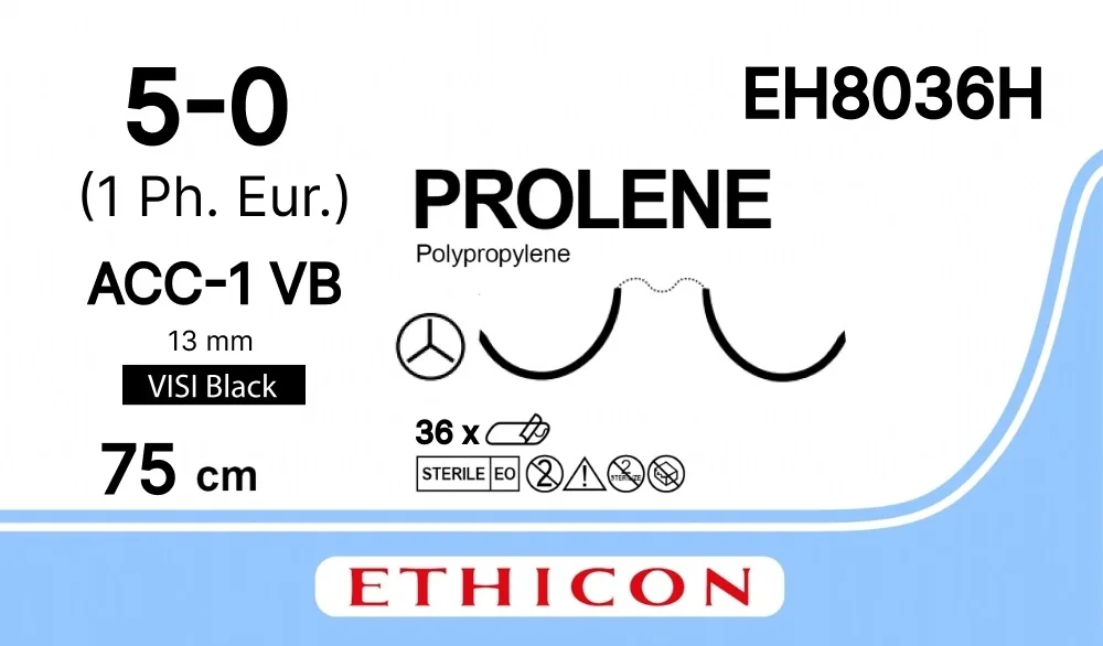 Prolene 5/0, нить 75 см, игла 13 мм х 2, АСС, VB (12 шт) - нерассасывающийся шовный материал, синий, сложный изгиб, EH8036H