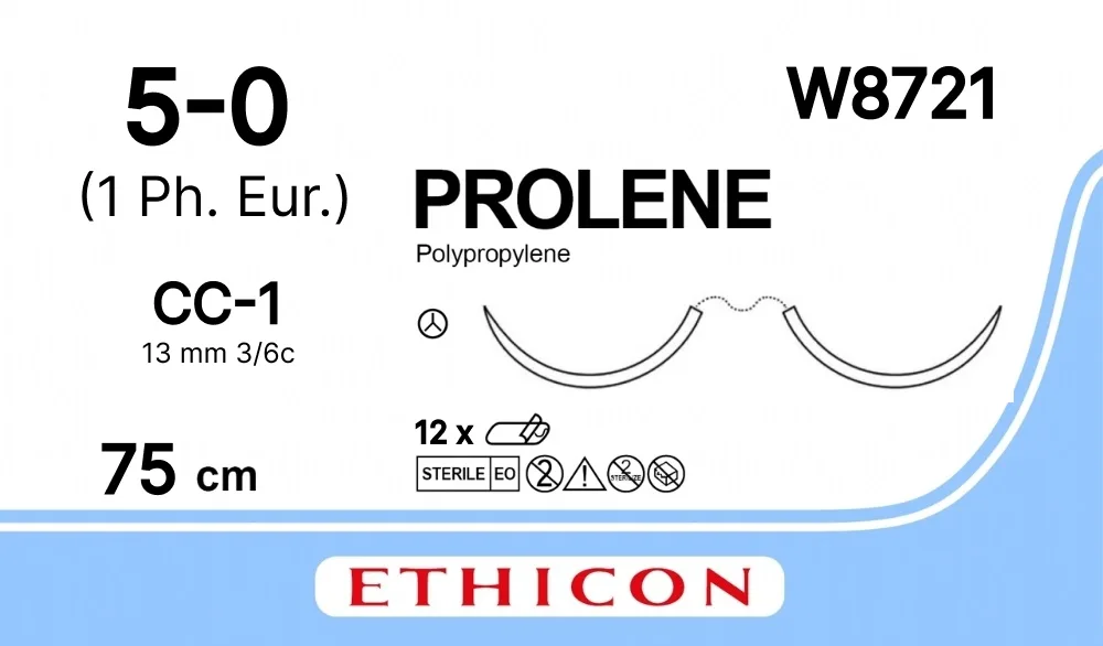 Prolene 5/0, нить 75 см, игла 13 мм х 2, СС 3/8 (12 шт) - нерассасывающийся шовный материал, синий, W8721