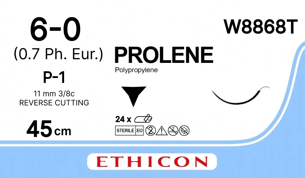 Prolene 6/0, нить 45 см, игла 11 мм, Прайм обр.реж. 3/8 (12 шт) - нерассасывающийся шовный материал, синий, W8868T
