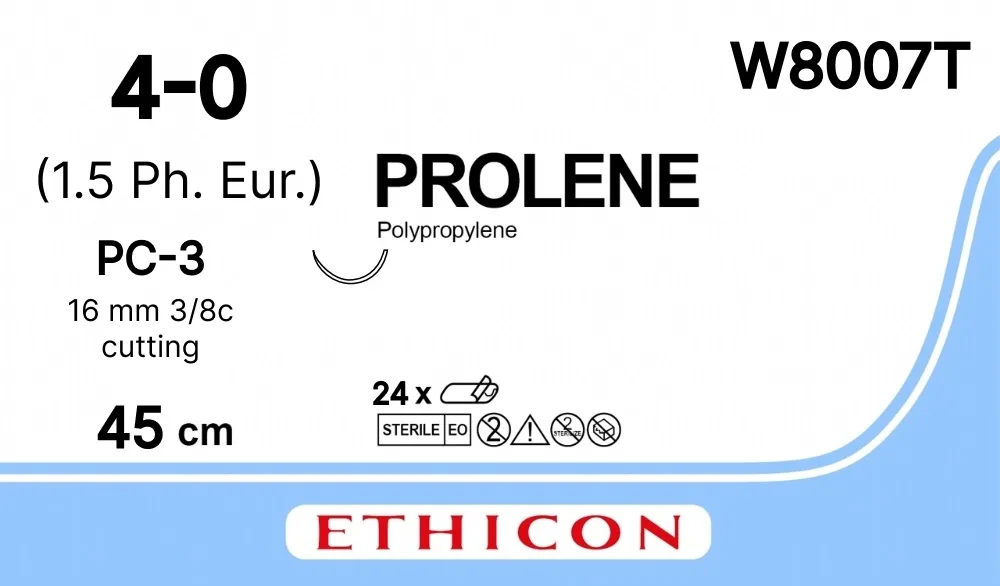 Prolene 4/0, нить 45 см, игла 16 мм, Прайм реж. 3/8 (12 шт) - нерассасывающийся шовный материал, синий, W8007T