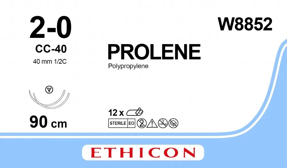Prolene 2/0, нить 90 см, игла 40 мм х 2, СС 1/2 (12 шт) - нерассасывающийся шовный материал, синий, W8852