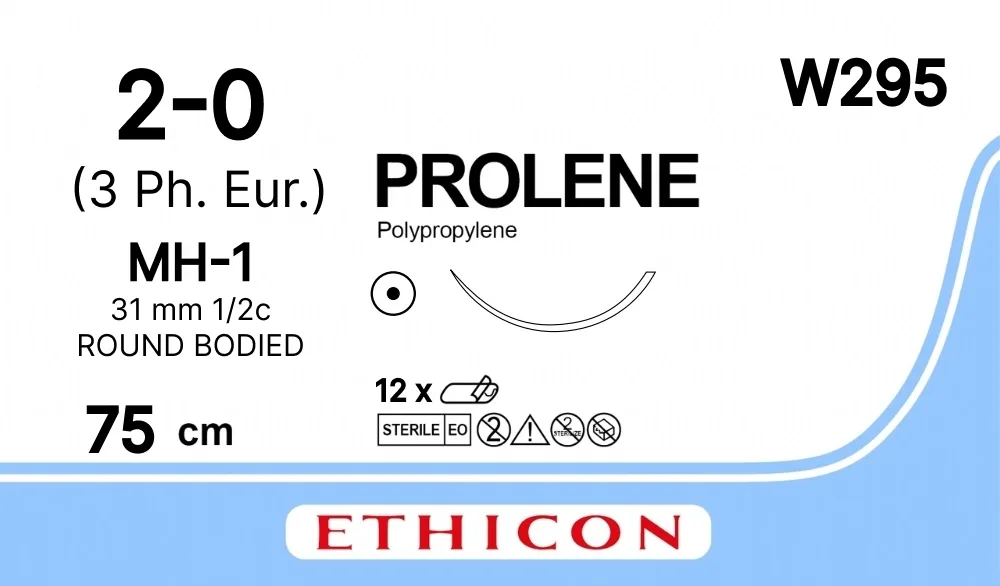 Prolene 2/0, нить 75 см, игла 31 мм, кол. 1/2 (12 шт) - нерассасывающийся шовный материал, синий, W295