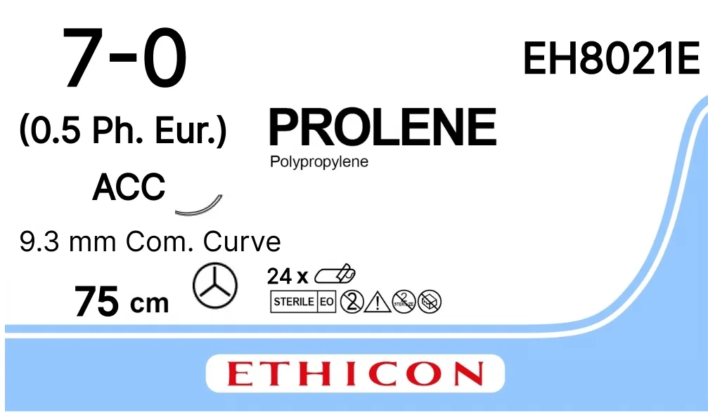 Prolene 7/0, нить 75 см, игла 9,3 мм х 2, АСС, VB (24 шт) - нерассасывающийся шовный материал, синий, сложный изгиб, EH8021E