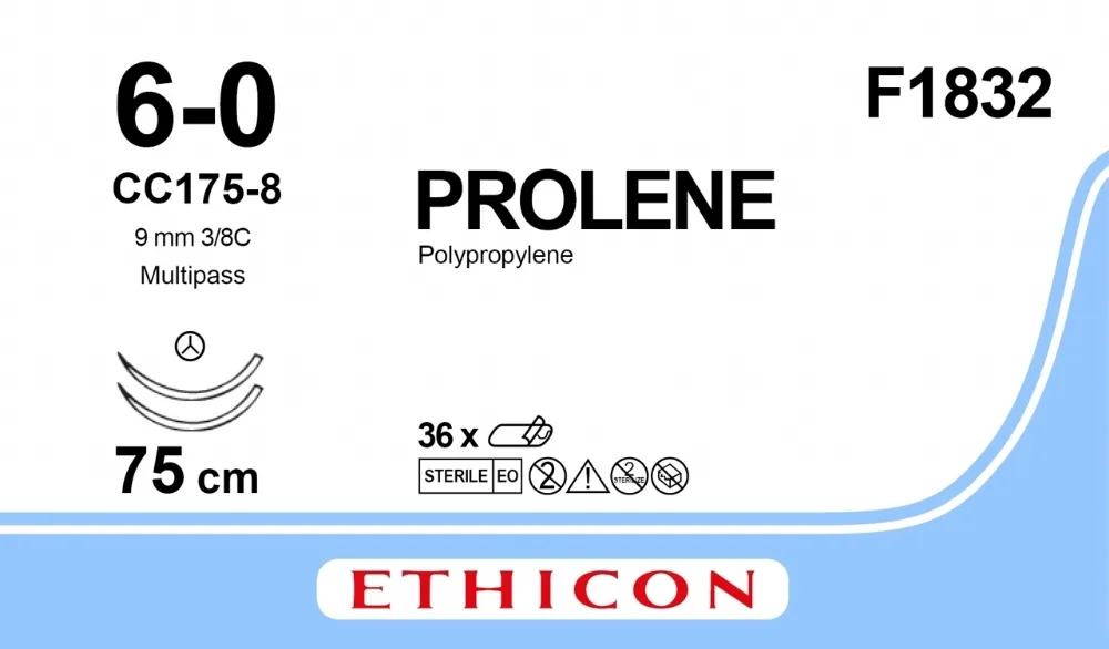 Prolene 6/0, нить 75 см, игла 9,3 мм х 2, СС 3/8 (12 шт) - нерассасывающийся шовный материал, синий, F1832