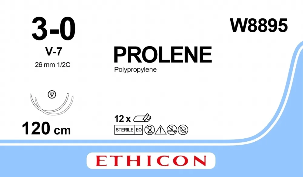 Prolene 3/0, нить 120 см, игла 26 мм х 2, СС 1/2 (12 шт) - нерассасывающийся шовный материал, синий, W8895