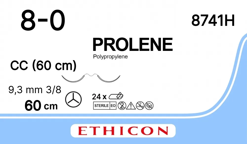 Prolene 8/0, нить 60 см, игла 9,3 мм х 2, СС 3/8 (12 шт) - нерассасывающийся шовный материал, синий, EH7972E