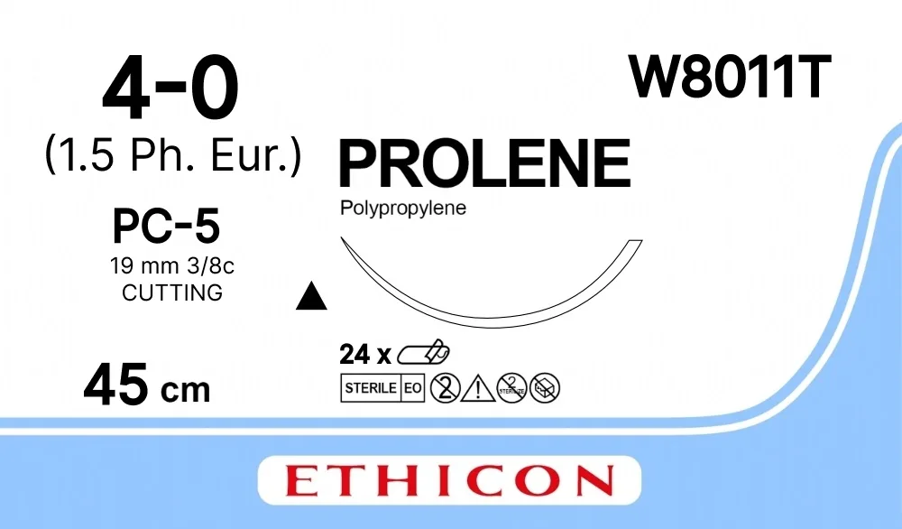 Prolene 4/0, нить 45 см, игла 19 мм, Прайм реж. 3/8 (24 шт) - нерассасывающийся шовный материал, синий, W8011T