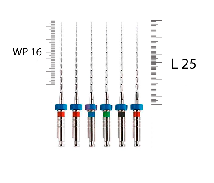 Mtwo 25мм, Набор (6 шт), VDW - тейпер, NiTi, WP 21/16 (25/06, 30/05, 35/04, 40/04, 25/07)