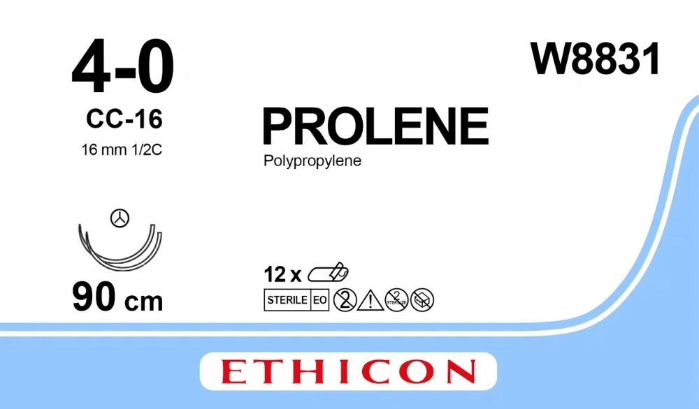 Prolene 4/0, нить 90 см, игла 16 мм х 2, СС 1/2 (12 шт) - нерассасывающийся шовный материал, синий, W8831
