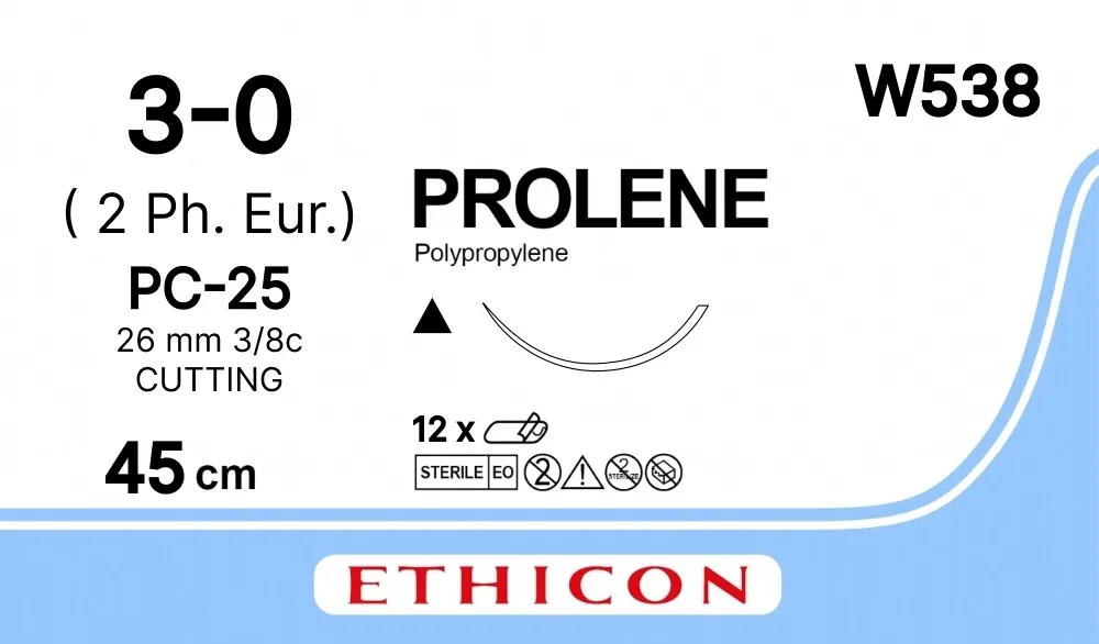 Prolene 3/0, нить 45 см, игла 25 мм, реж. 3/8 (12 шт) - нерассасывающийся шовный материал, синий, W538