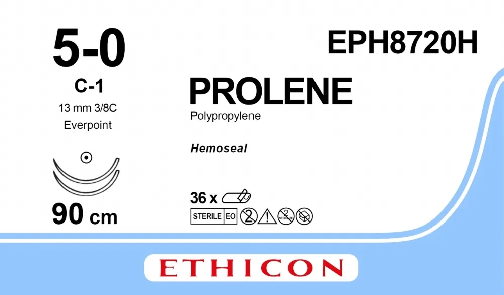 Prolene 5/0, нить 90 см, игла 13 мм х 2, кол. 3/8 (36 шт) - нерассасывающийся шовный материал, синий, Гемо-Сил, EVERPOINT, EPH8720H