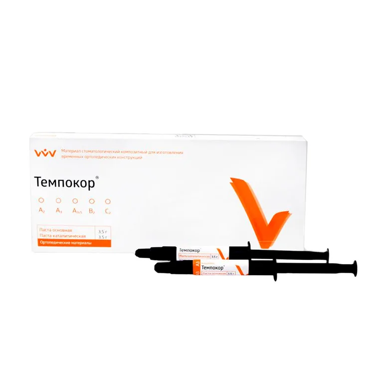 Темпокор цвет А2 (2 х 3,5гр) - композиционный цемент двойного отверждения для изготовления временных коронок