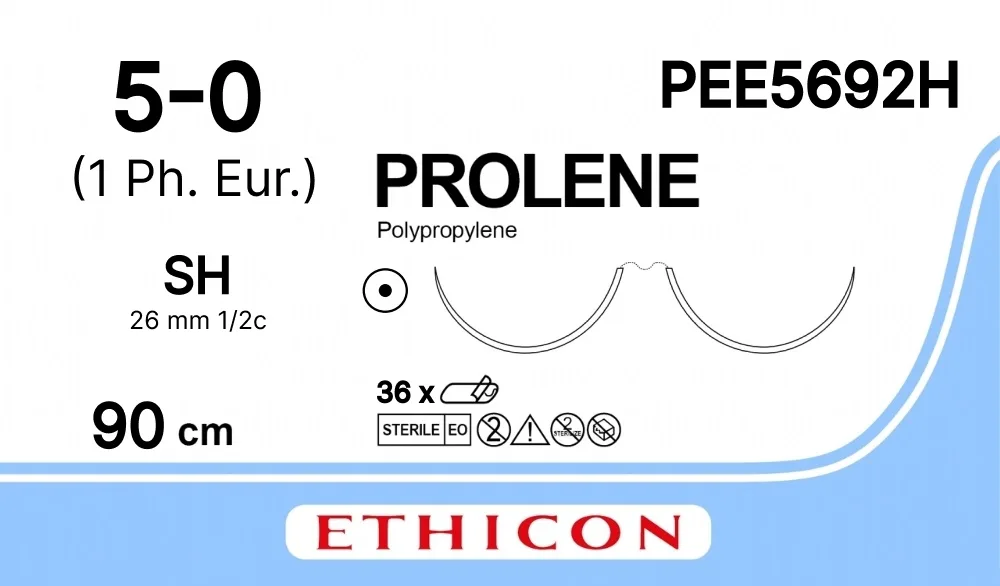 Prolene 5/0, нить 90 см, игла 22 мм х 2, кол. 1/2 (12 шт) - нерассасывающийся шовный материал, синий, PEE5692H