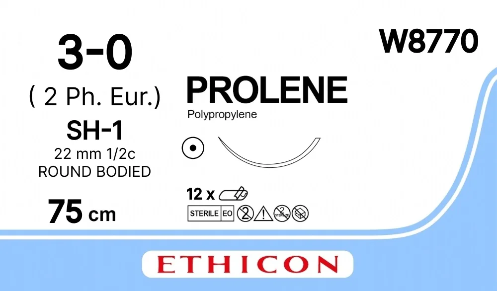 Prolene 3/0, нить 75 см, игла 22 мм, кол. 1/2 (12 шт) - нерассасывающийся шовный материал, синий, W8770