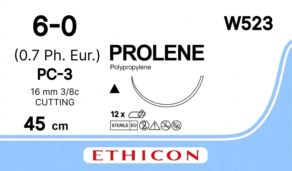 Prolene 6/0, нить 45 см, игла 16 мм, реж. 3/8 (12 шт) - нерассасывающийся шовный материал, синий, W523