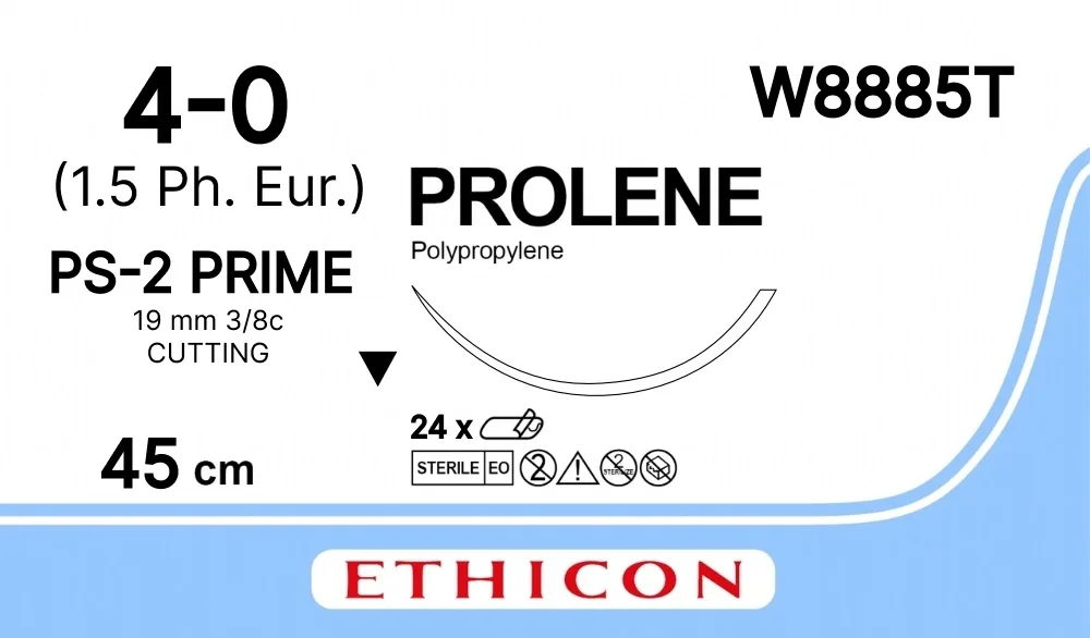 Prolene 4/0, нить 45 см, игла 19 мм, Прайм обр.реж. 3/8 (24 шт) - нерассасывающийся шовный материал, синий, W8885T
