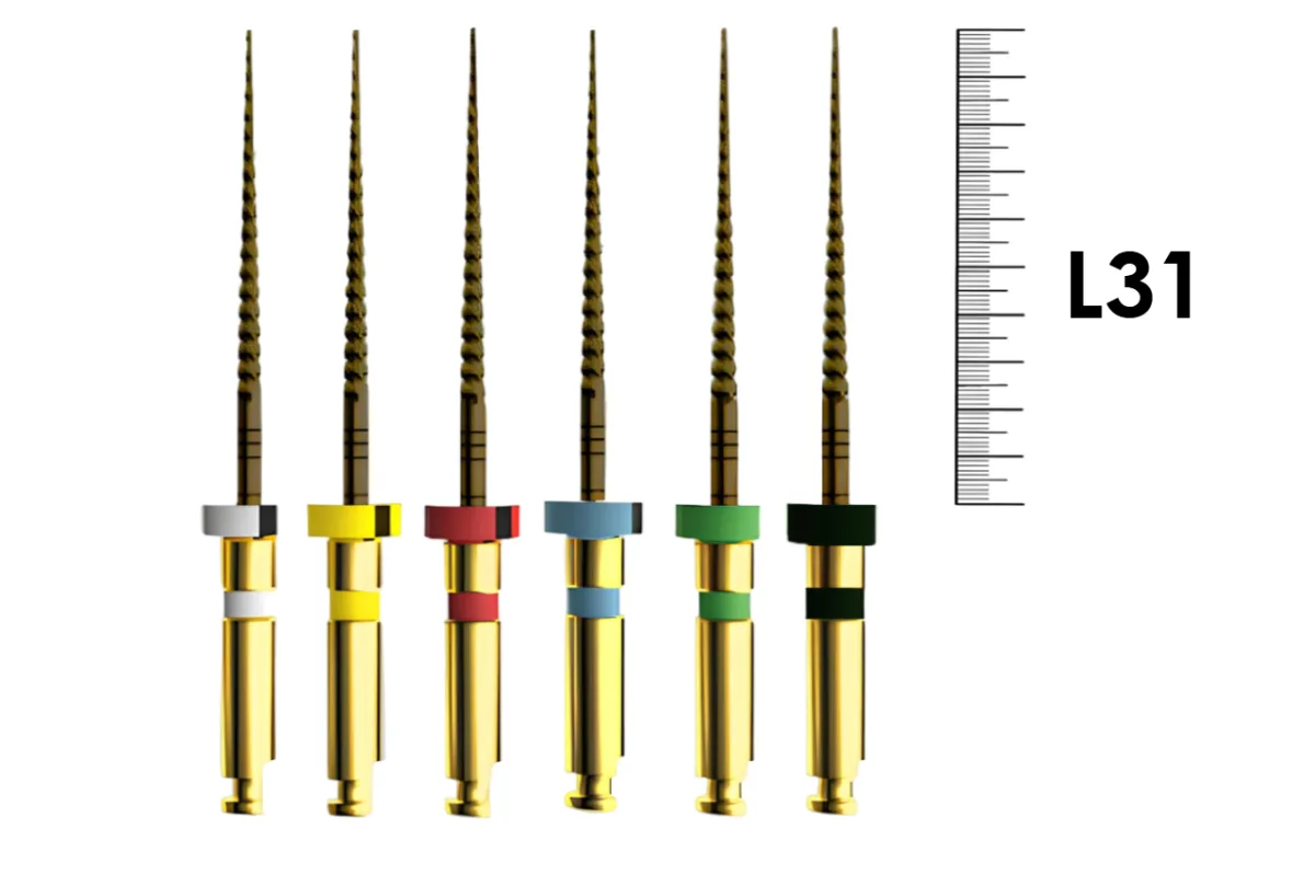 E-Flex Gold, Ассорти (6 шт), Eighteeth - машинные файлы, 19мм N17/.08, 31мм N19/.02, N15/.06, N25/.04, N35/.04, N25/.06