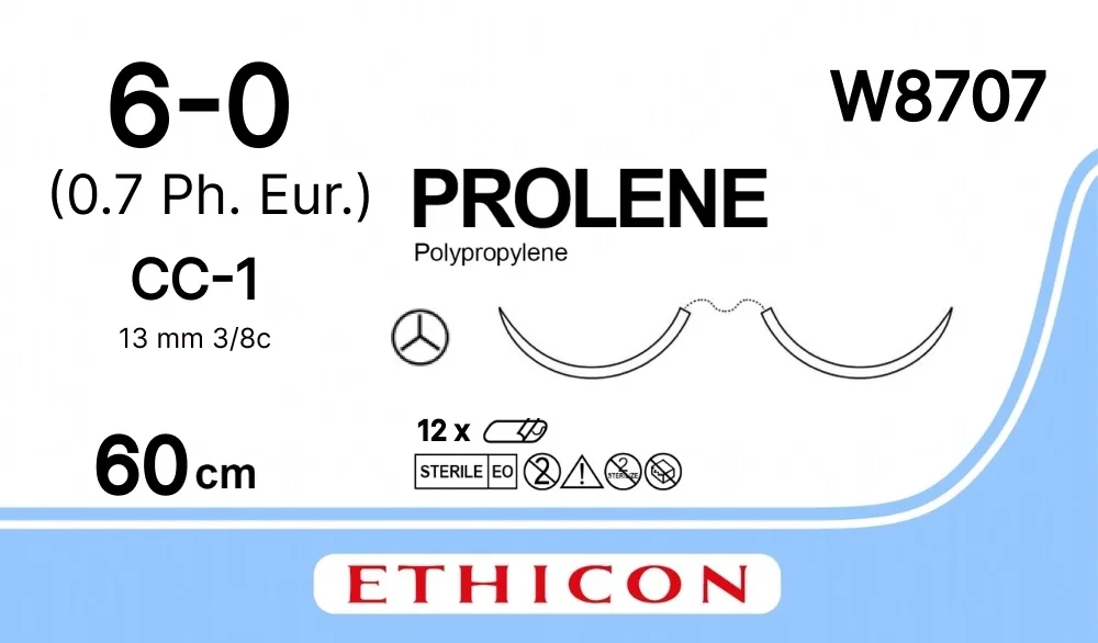 Prolene 6/0, нить 60 см, игла 13 мм х 2, СС 3/8 (12 шт) - нерассасывающийся шовный материал, синий, W8707