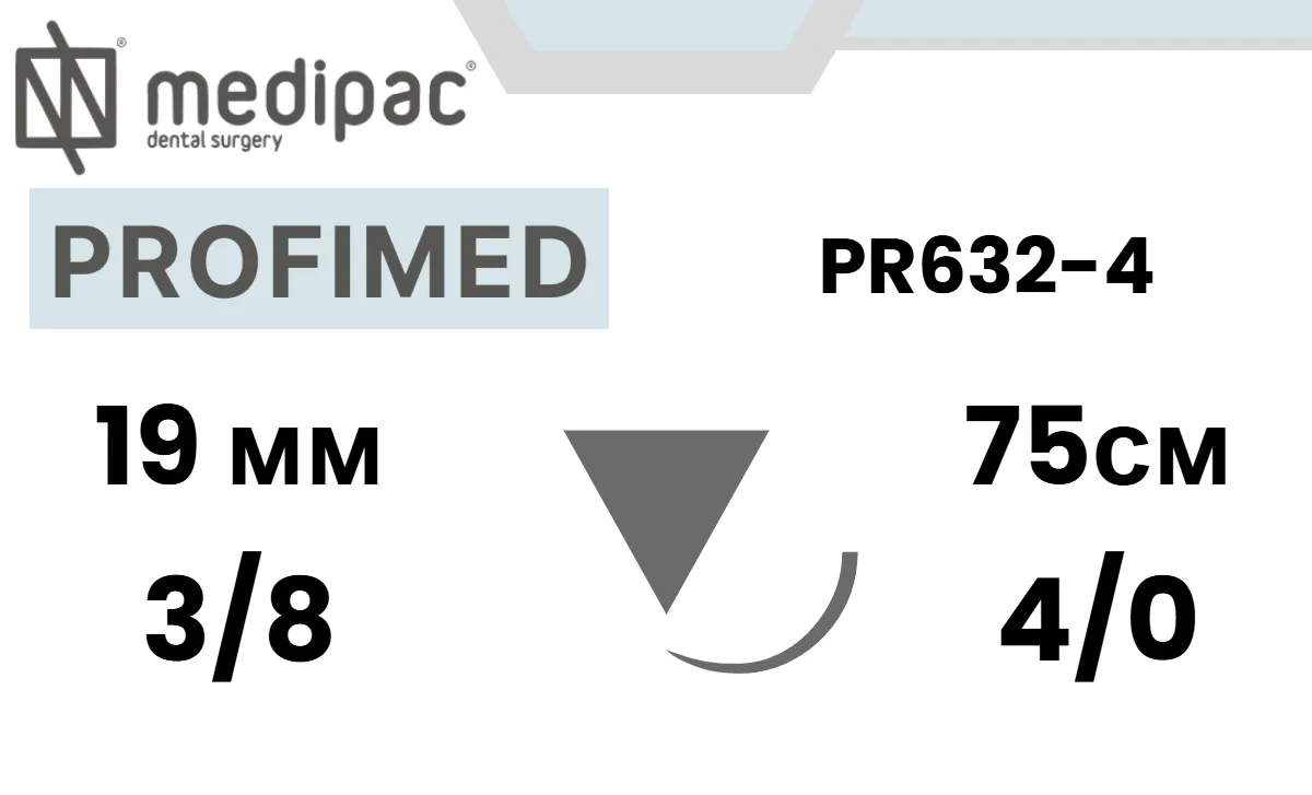 Профимед (Profimed) PTFE 4/0, 75 см, игла обратно-режущая 19 мм 3/8, PR632-4 (1 шт.), Medipac - шовный материал