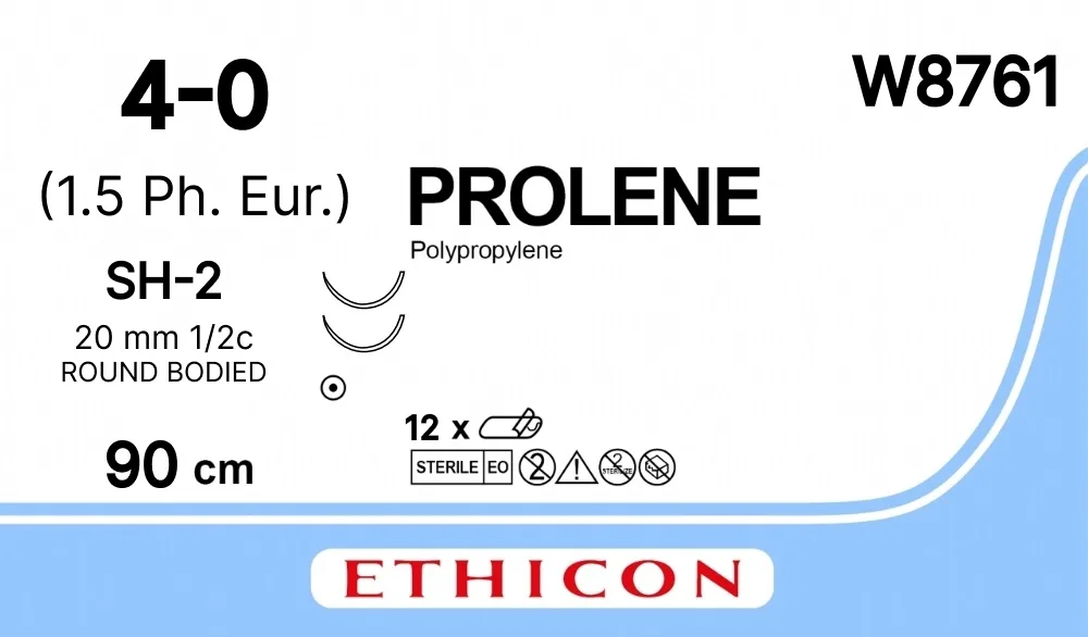 Prolene 4/0, нить 90 см, игла 20 мм х 2, кол. 1/2 (12 шт) - нерассасывающийся шовный материал, синий, W8761