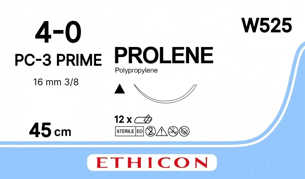 Prolene 4/0, нить 45 см, игла 16 мм, реж. 3/8 (12 шт) - нерассасывающийся шовный материал, синий, W525