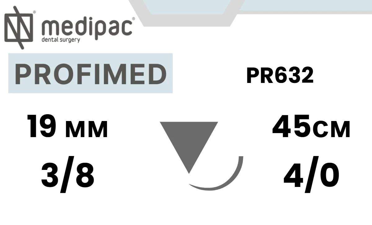 Профимед (Profimed) PTFE 4/0, 45 см, игла обратно-режущая 19 мм 3/8, PR632 (24 шт.), Medipac - шовный материал
