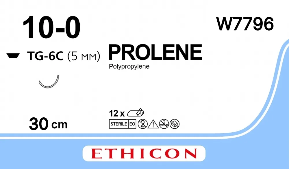 Prolene 10/0, нить 30 см, игла 5 мм х 2, шпательная 1/2 (12 шт) - нерассасывающийся шовный материал, синий, МП, композит, W7796