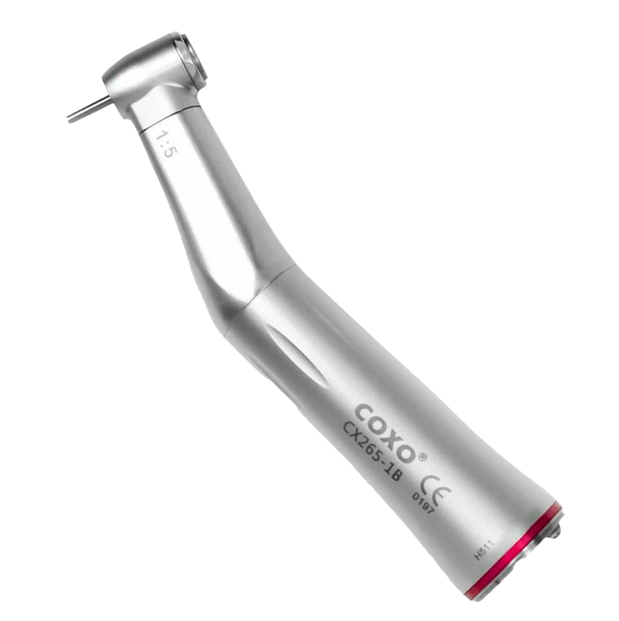 Coxo CX265-1В - угловой наконечник с фиброоптикой, кнопочный зажим, 1:5, с внутренней системой подачи охлаждения