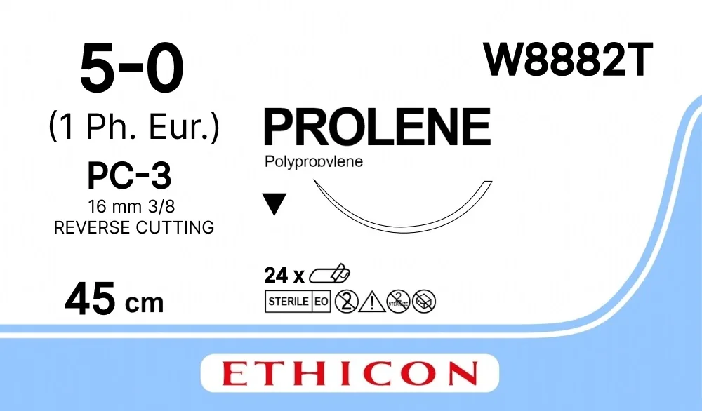 Prolene 5/0, нить 45 см, игла 16 мм, Прайм обр.реж. 3/8 (24 шт) - нерассасывающийся шовный материал, синий, W8882T