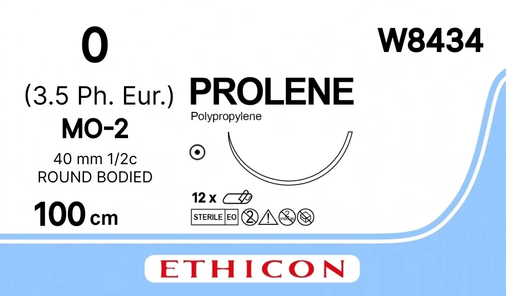 Prolene №0, нить 100 см, игла 40 мм, кол. массивная 1/2 (12 шт) - нерассасывающийся шовный материал, синий, W8434