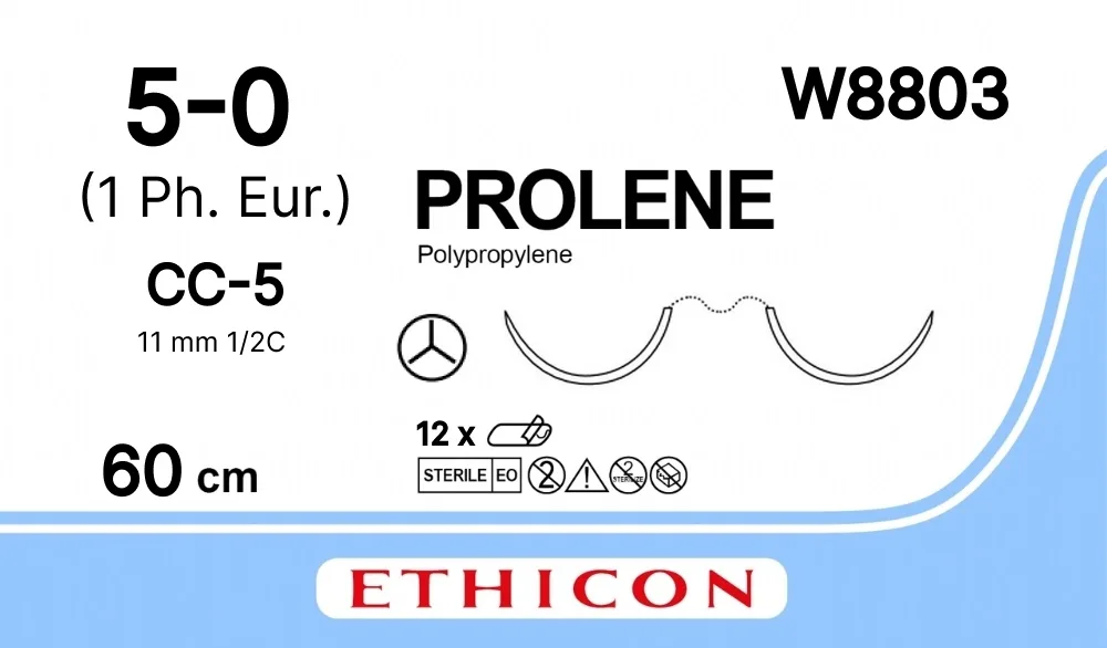 Prolene 5/0, нить 60 см, игла 11 мм х 2, СС 1/2 (12 шт) - нерассасывающийся шовный материал, синий, W8803