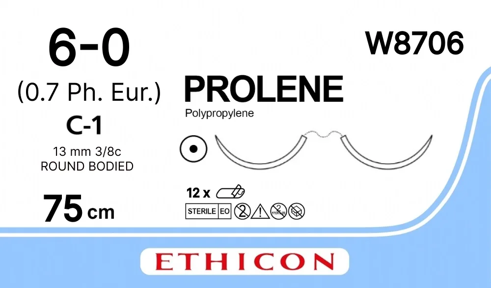 Prolene 6/0, нить 75 см, игла 13 мм х 2, кол. 3/8 (12 шт) - нерассасывающийся шовный материал, синий, W8706
