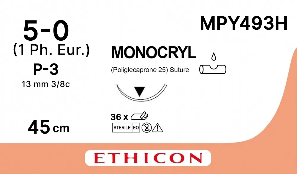 Монокрил 5/0, нить 45 см, игла 13 мм, Прайм обр.реж. 3/8 (12 шт) - рассасывающийся шовный материал, неокрашенный, MPY493H