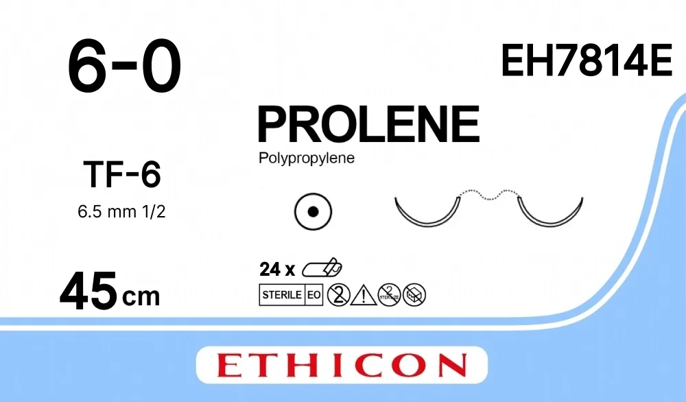 Prolene 6/0, нить 45 см, игла 6,5 мм х 2, кол. 1/2 (12 шт) - нерассасывающийся шовный материал, синий, EH7814E