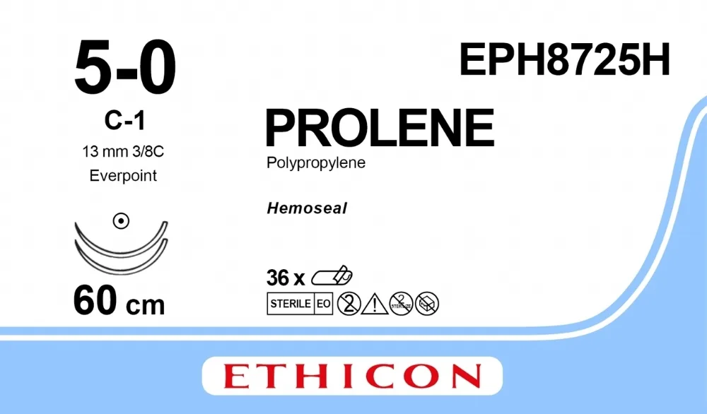 Prolene 5/0, нить 60 см, игла 13 мм х 2, кол. 3/8 (36 шт) - нерассасывающийся шовный материал, синий, Гемо-Сил, EVERPOINT, EPH8725H