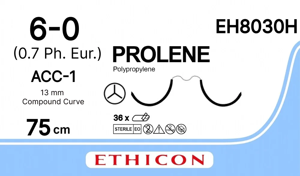 Prolene 6/0, нить 75 см, игла 13 мм х 2, АСС, VB (12 шт) - нерассасывающийся шовный материал, синий, сложный изгиб, EH8030H