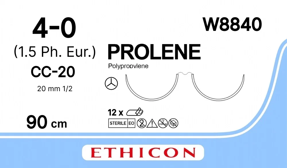 Prolene 4/0, нить 90 см, игла 20 мм х 2, СС 1/2 (12 шт) - нерассасывающийся шовный материал, синий, W8840