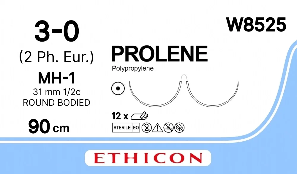 Prolene 3/0, нить 90 см, игла 31 мм х 2, кол. 1/2 (12 шт) - нерассасывающийся шовный материал, синий, W8525