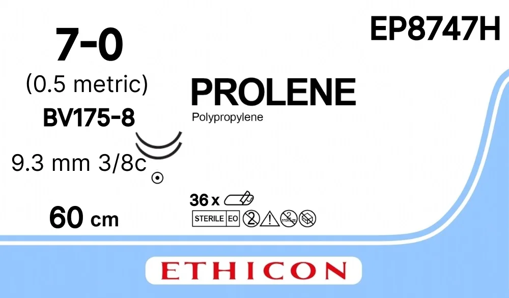 Prolene 7/0, нить 60 см, игла 9,3 мм х 2, кол. 3/8 (36 шт) - нерассасывающийся шовный материал, синий, EVERPOINT, EP8747H