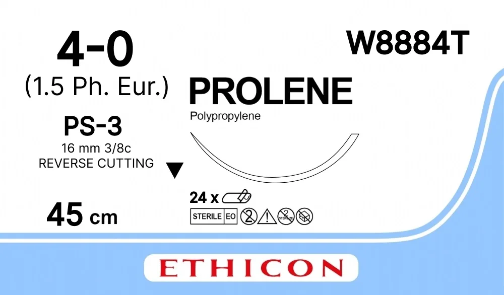 Prolene 4/0, нить 45 см, игла 16 мм, Прайм обр.реж. 3/8 (24 шт) - нерассасывающийся шовный материал, синий, W8884T