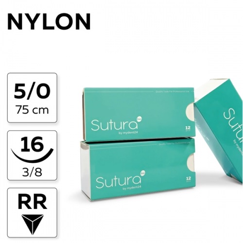 Nylon 5/0, нить 75 см, игла 16 мм, обр.реж. 3/8 (12 шт) - нерассасывающийся шовный материал, NL75016F4