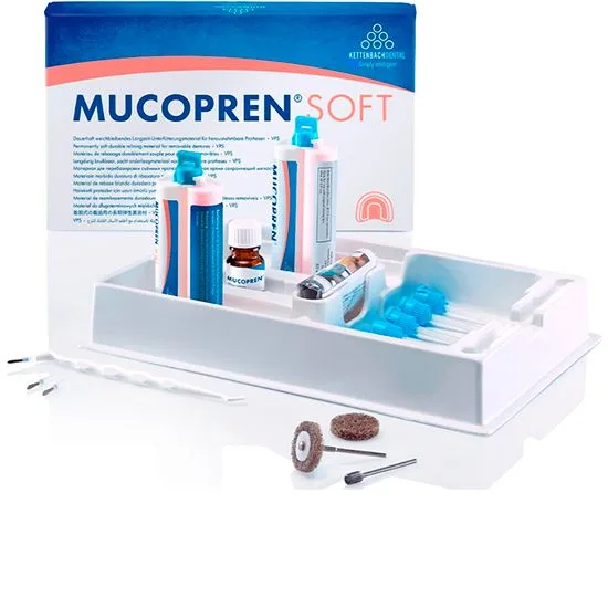 Mucopren Soft, базовый набор: Mucopren Soft 50 мл + силиконовый герметик 50 мл + адгезив 10 мл, Kettenbach - материал для мягкой перебазировки